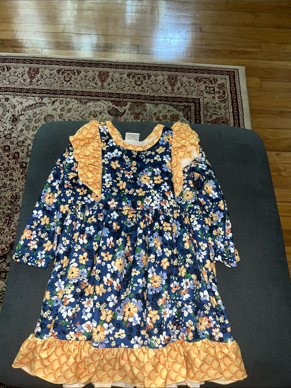Navy Floral Ruffle Dress with Yellow Accents for Girls